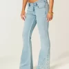 Ultra Low-Rise Light Wash Floral Embroidery Flare Jeans