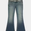 Ultra Low-Rise Medium Wash Embroidered Flare Jeans