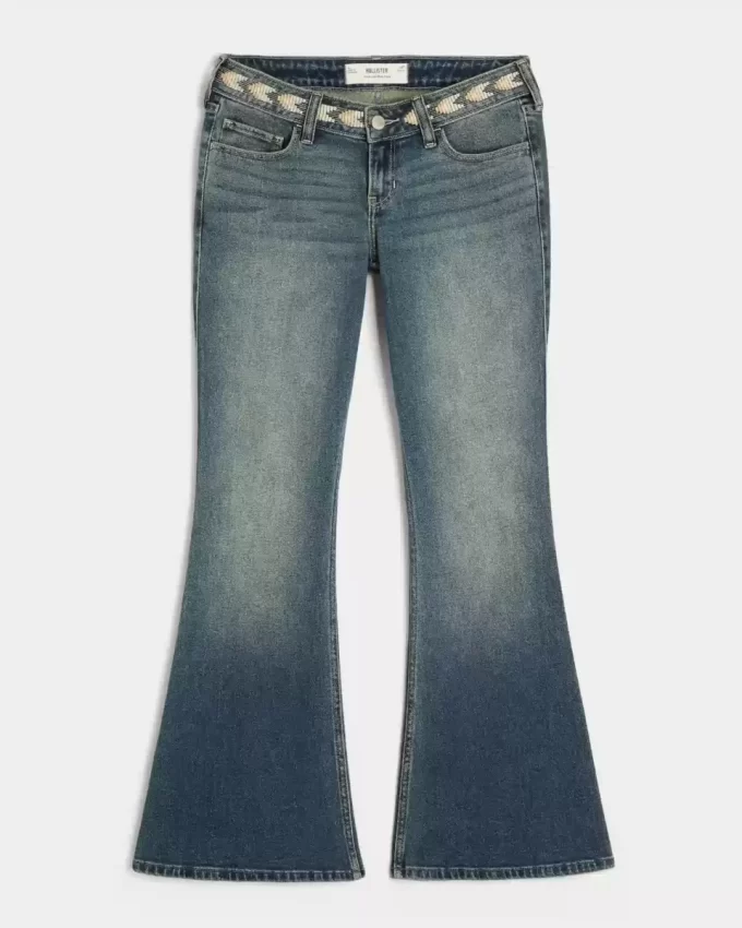 Ultra Low-Rise Medium Wash Embroidered Flare Jeans