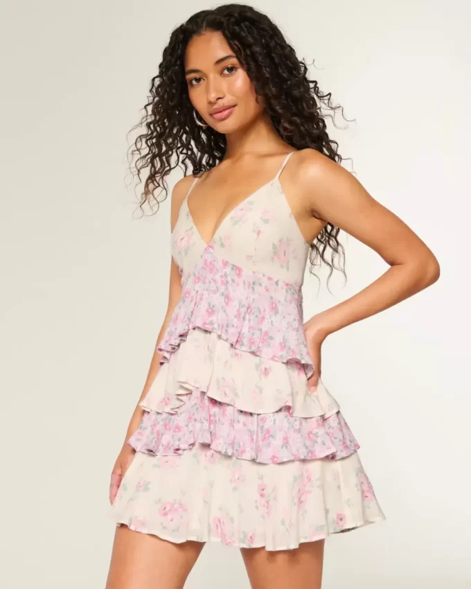 V-Neck Ruffled Tier Babydoll Mini Dress