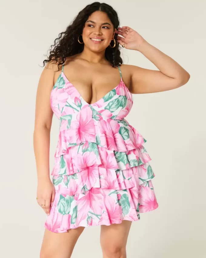 V-Neck Ruffled Tier Babydoll Mini Dress