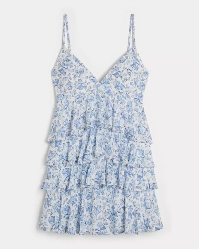 V-Neck Ruffled Tier Babydoll Mini Dress