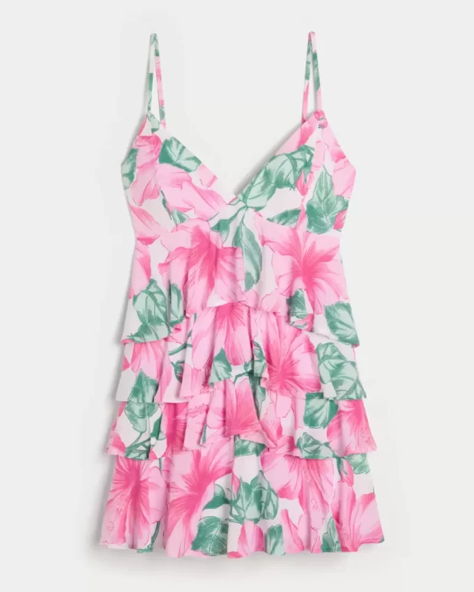 V-Neck Ruffled Tier Babydoll Mini Dress