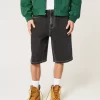 Washed Black Cat Graphic Super Baggy Denim Shorts