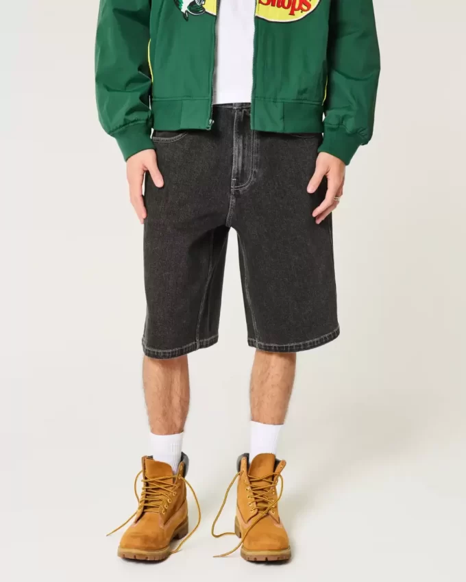Washed Black Cat Graphic Super Baggy Denim Shorts