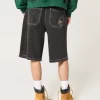 Washed Black Cat Graphic Super Baggy Denim Shorts