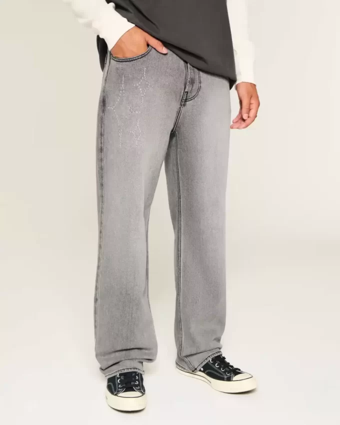 Washed Black Embellished Graphic Baggy Jeans