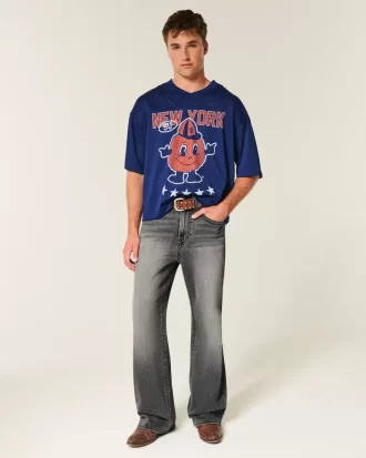 Washed Black Embroidered Baggy Bootcut Jeans