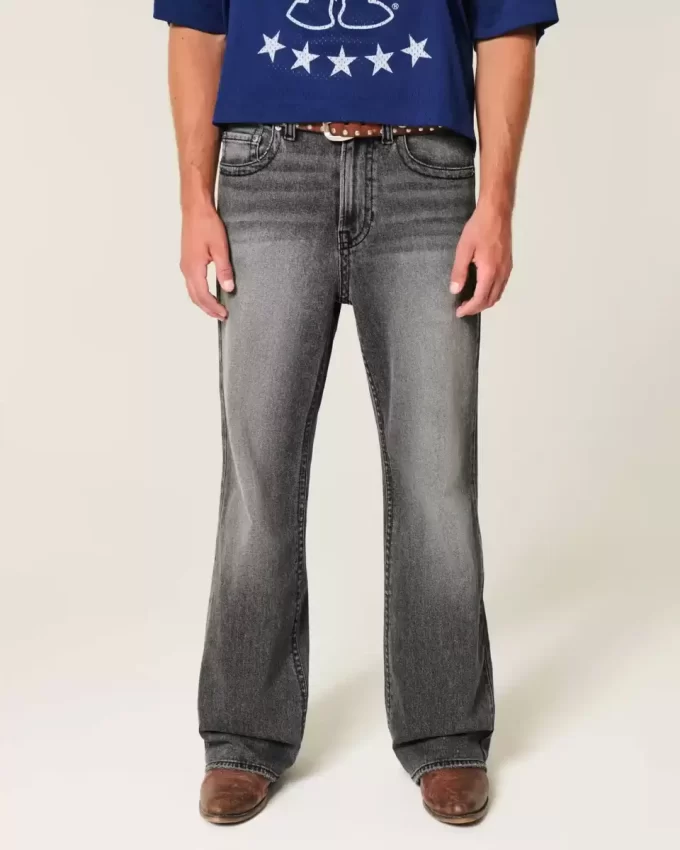 Washed Black Embroidered Baggy Bootcut Jeans