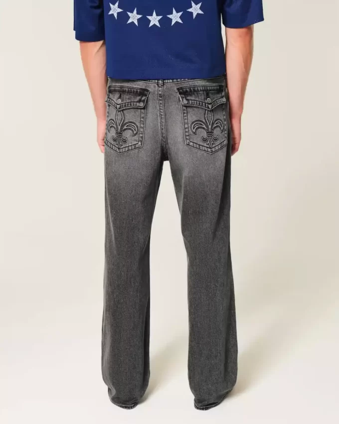 Washed Black Embroidered Baggy Bootcut Jeans