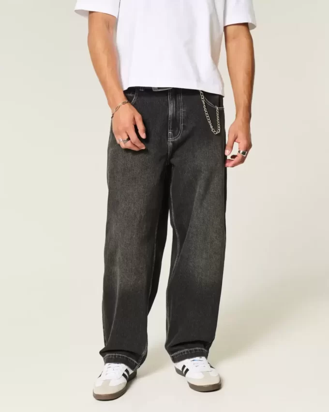 Washed Black Embroidered Snake Skater Baggy Jeans