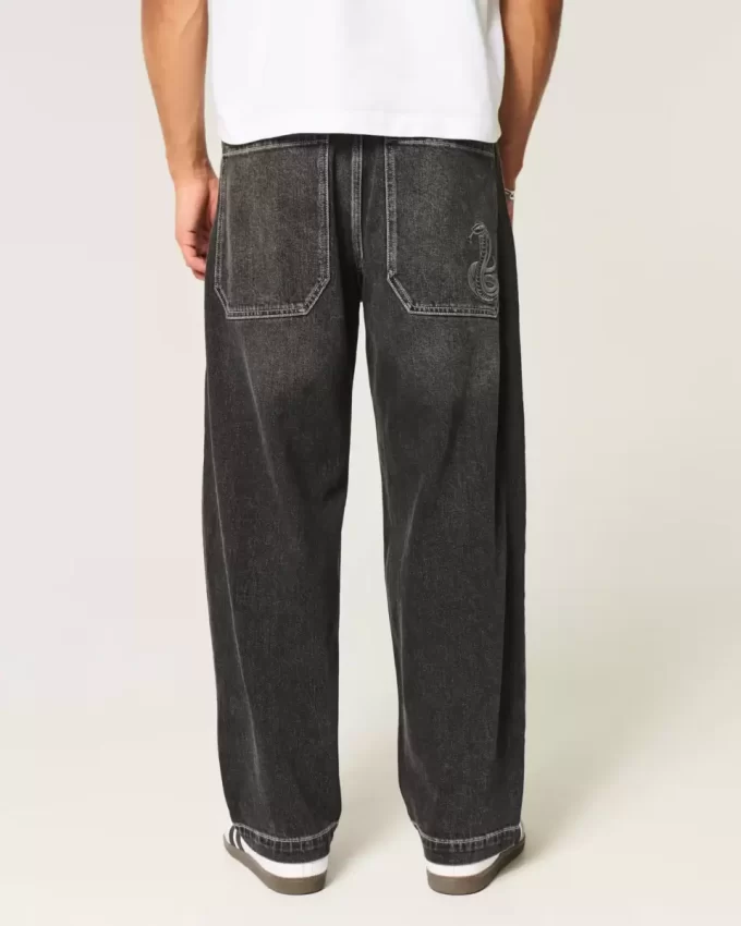 Washed Black Embroidered Snake Skater Baggy Jeans