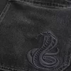 Washed Black Embroidered Snake Skater Baggy Jeans