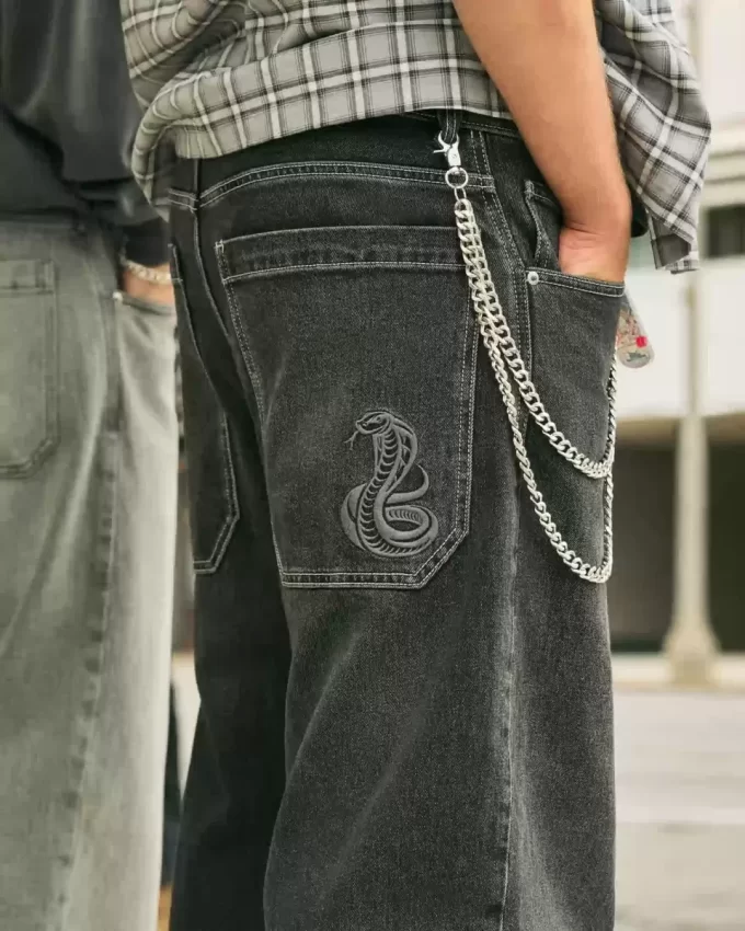 Washed Black Embroidered Snake Skater Baggy Jeans