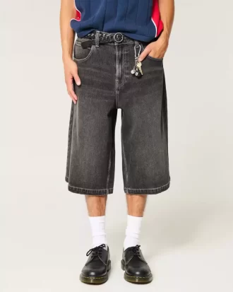 Washed Black Half-Length Skater Baggy Jeans