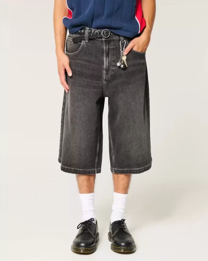Washed Black Half-Length Skater Baggy Jeans